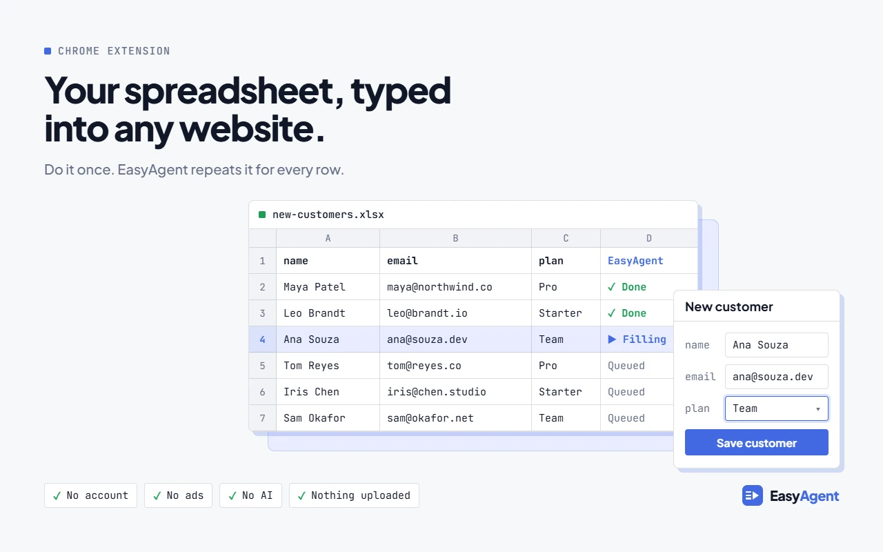 Easy Agent: your spreadsheet, typed into any website, one row at a time