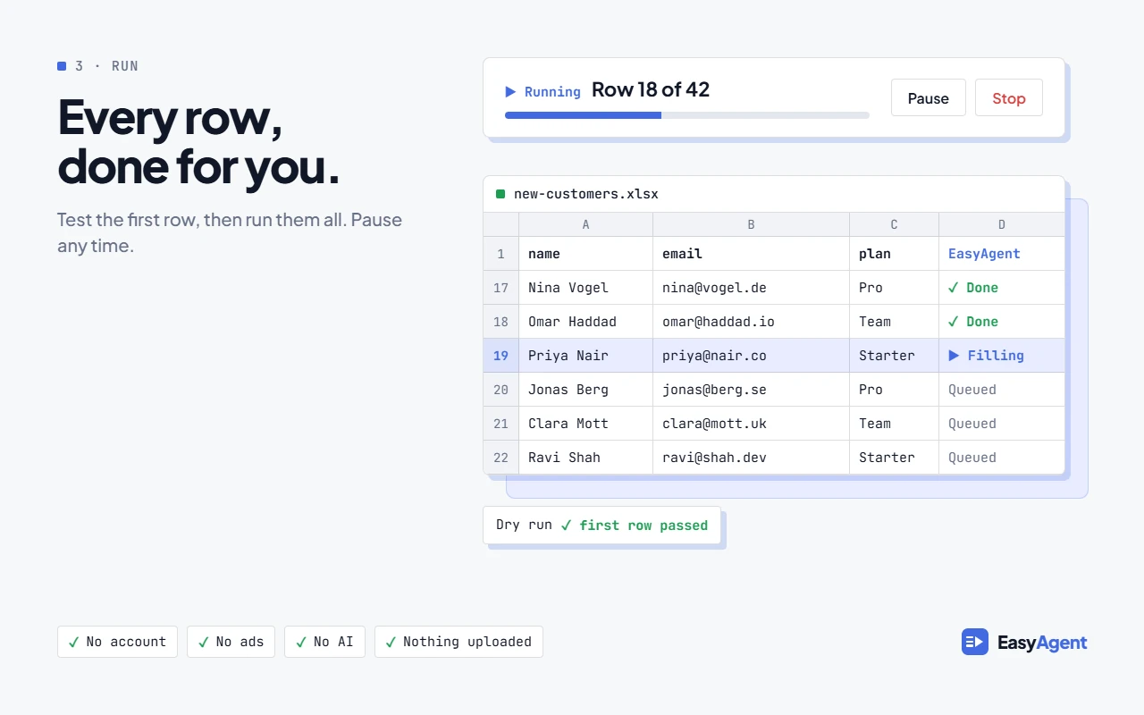 Easy Agent: test the first row, then run every row automatically